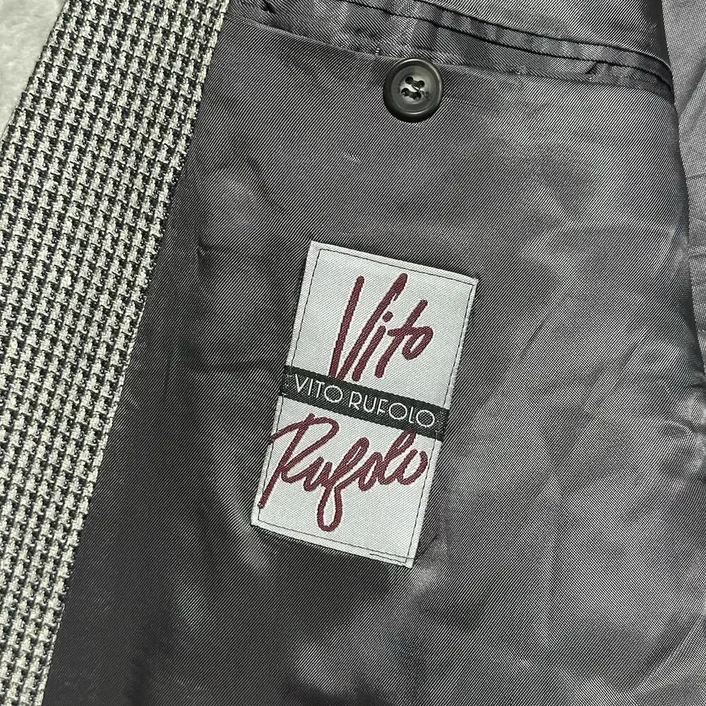 Vintage Vito Rufolo Houndstooth Blazer Mens 46L Grey Lanificio Di Pray Wool Silk